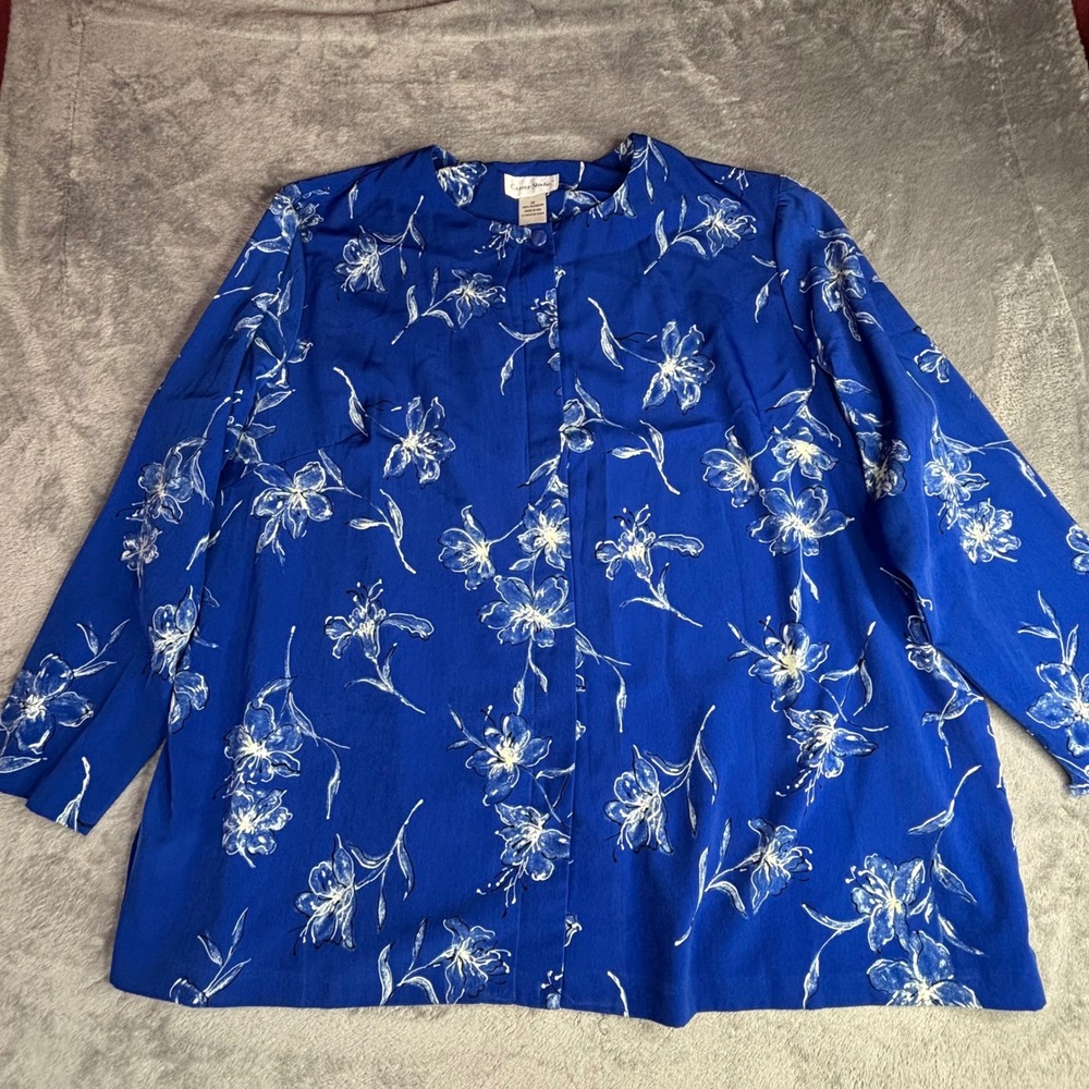 Graver Studio Blouse Womens 3X Blue Floral Hidden Button Front Long Sleeve USA